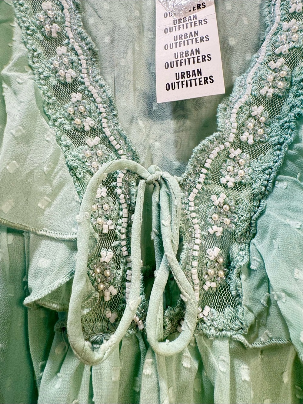 Kimchi Blue Mint Sheer Swiss Dot Ruffle Tie-Front Babydoll Top - Picture 10 of 12